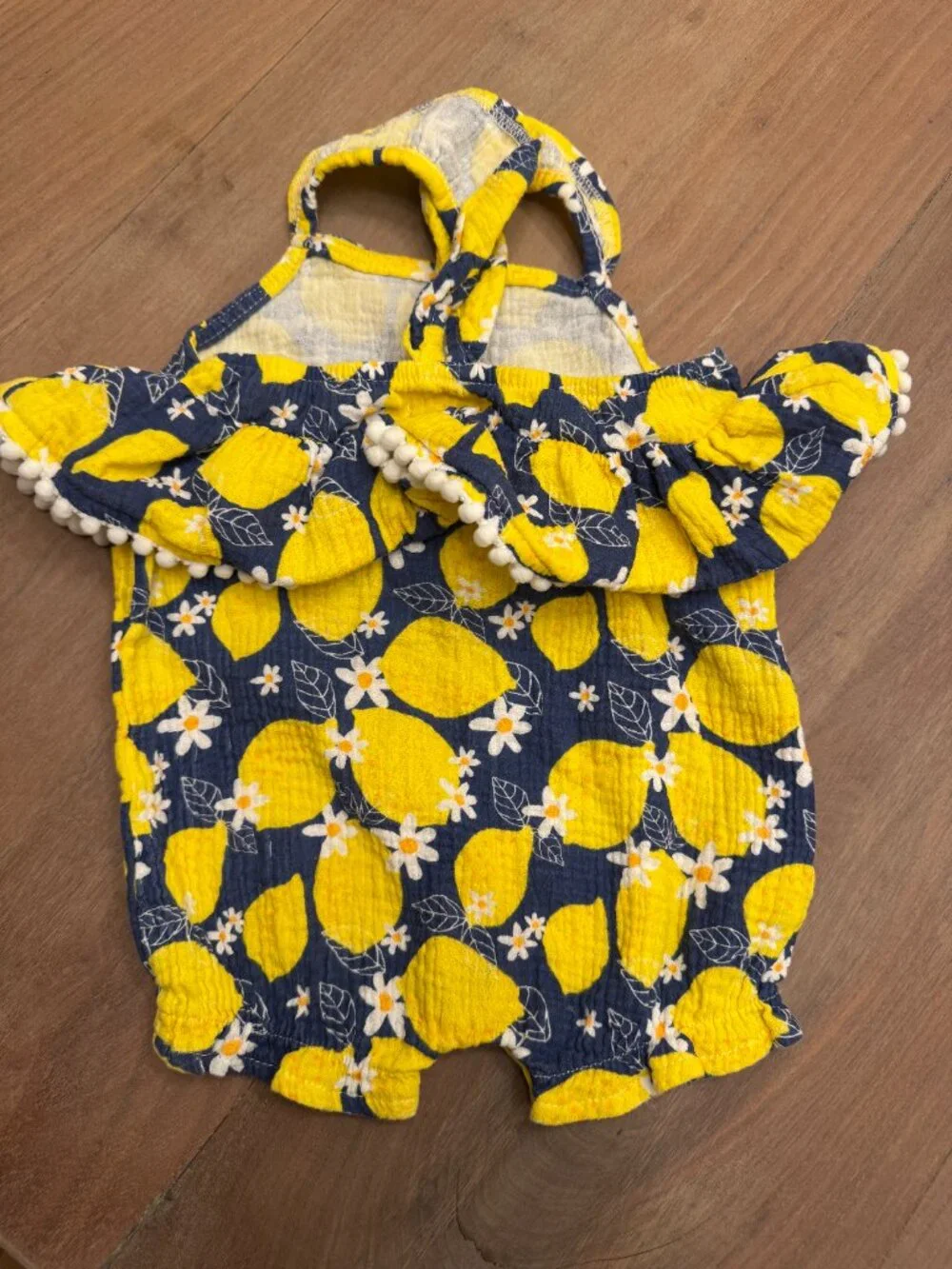 Mud Pie Lemon Daisy Pom-Pom Bubble Romper Navy Yellow 9-12M